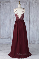 A Line V Neck Burgundy Chiffon Long Semi Formal Prom Dresses with Lace Back, V Neck Lace Back Burgundy Formal Graduation Evening Dresses